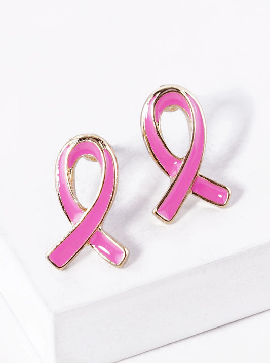Enamel Filled Pink Ribbon Stud Earrings