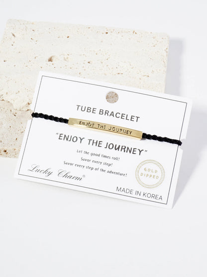 Enjoy The Journey Engraved 18K Gold Dipped Curved Brass Tube Bar Adjustable Pull Tie Bracelet