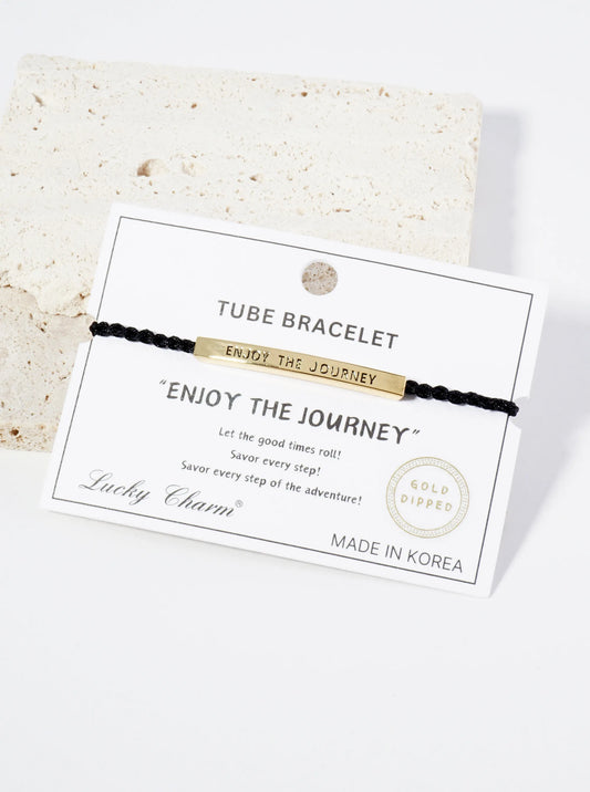 Enjoy The Journey Engraved 18K Gold Dipped Curved Brass Tube Bar Adjustable Pull Tie Bracelet