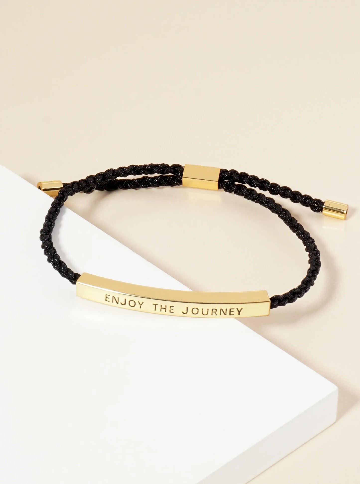 Enjoy The Journey Engraved 18K Gold Dipped Curved Brass Tube Bar Adjustable Pull Tie Bracelet