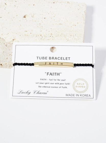 Faith Engraved 18K Gold Dipped Curved Brass Tube Bar Adjustable Pull Tie Bracelet