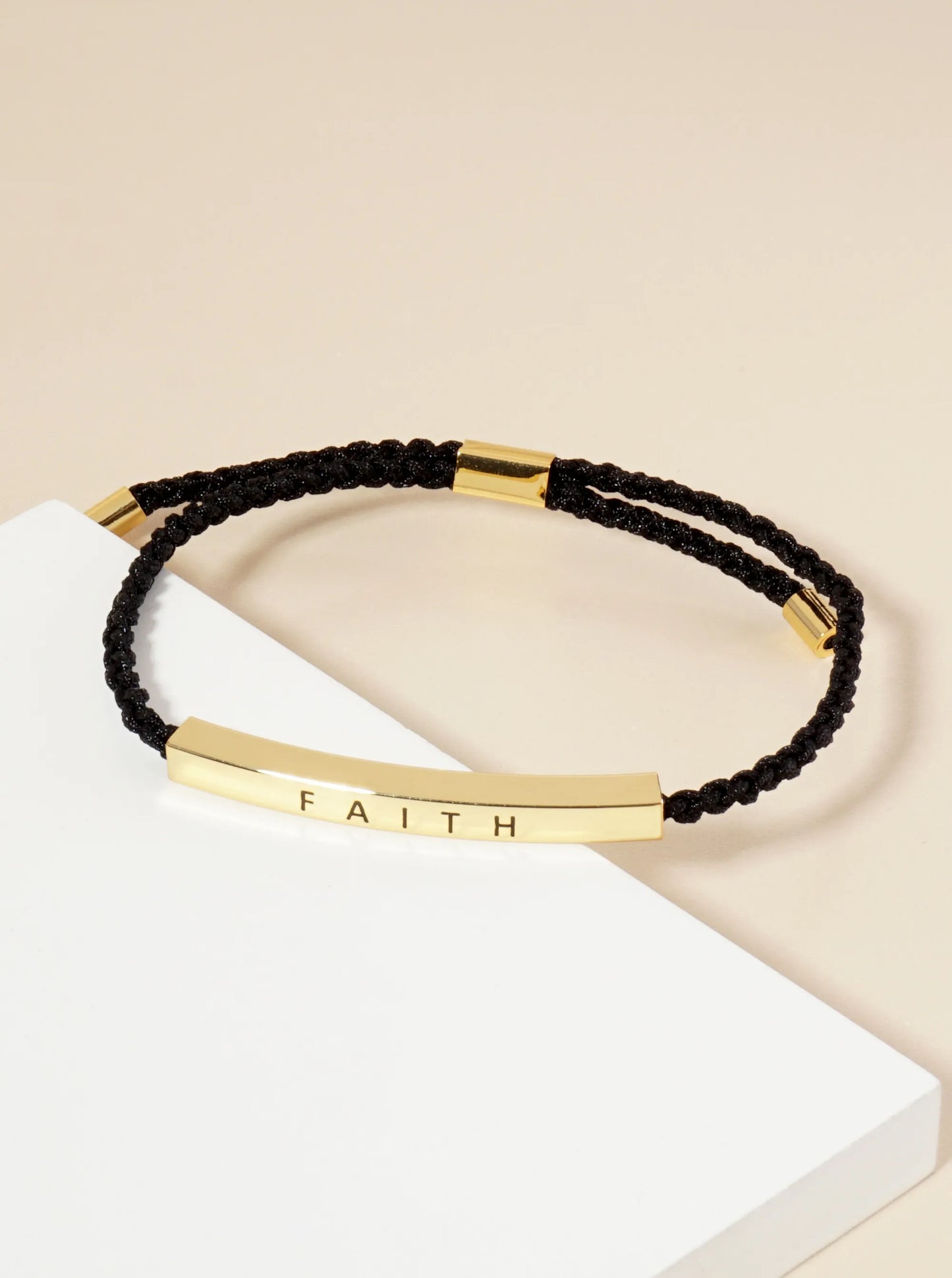 Faith Engraved 18K Gold Dipped Curved Brass Tube Bar Adjustable Pull Tie Bracelet