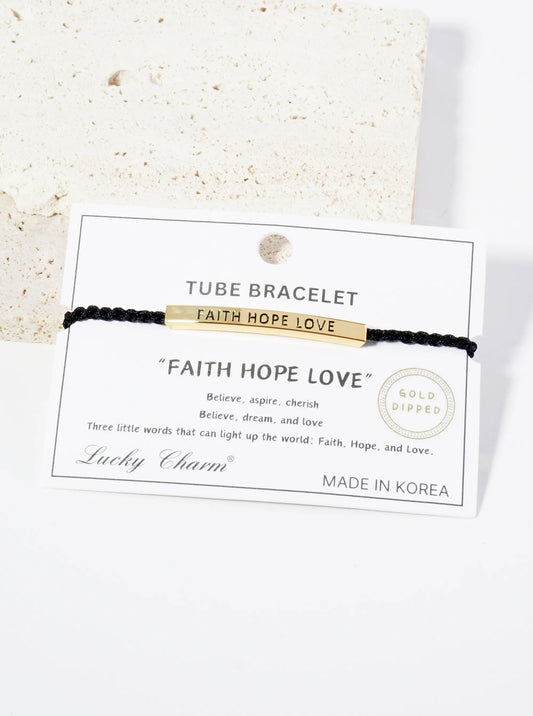 Faith Hope Love Engraved 18K Gold Dipped Curved Brass Tube Bar Adjustable Pull Tie Bracelet