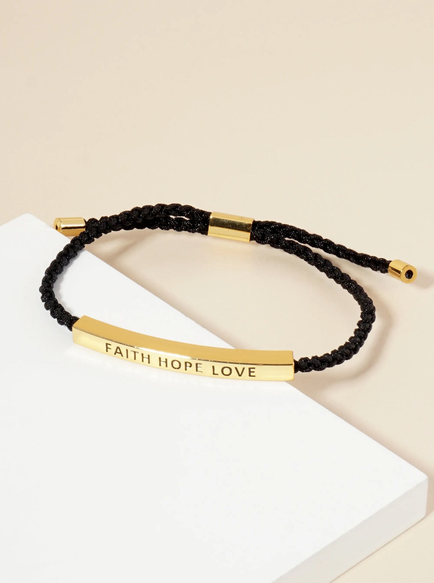 Faith Hope Love Engraved 18K Gold Dipped Curved Brass Tube Bar Adjustable Pull Tie Bracelet