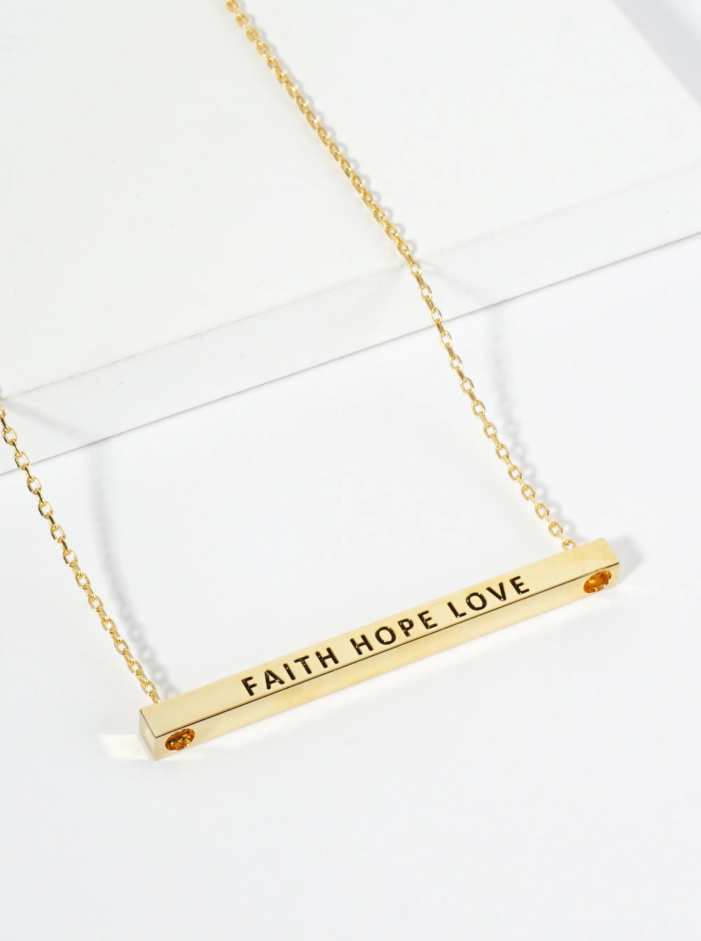 Faith Hope Love Engraved 18K Gold Dipped Horizontal Brass Bar Pendant Inspirational Necklace