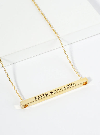 Faith Hope Love Engraved 18K Gold Dipped Horizontal Brass Bar Pendant Inspirational Necklace