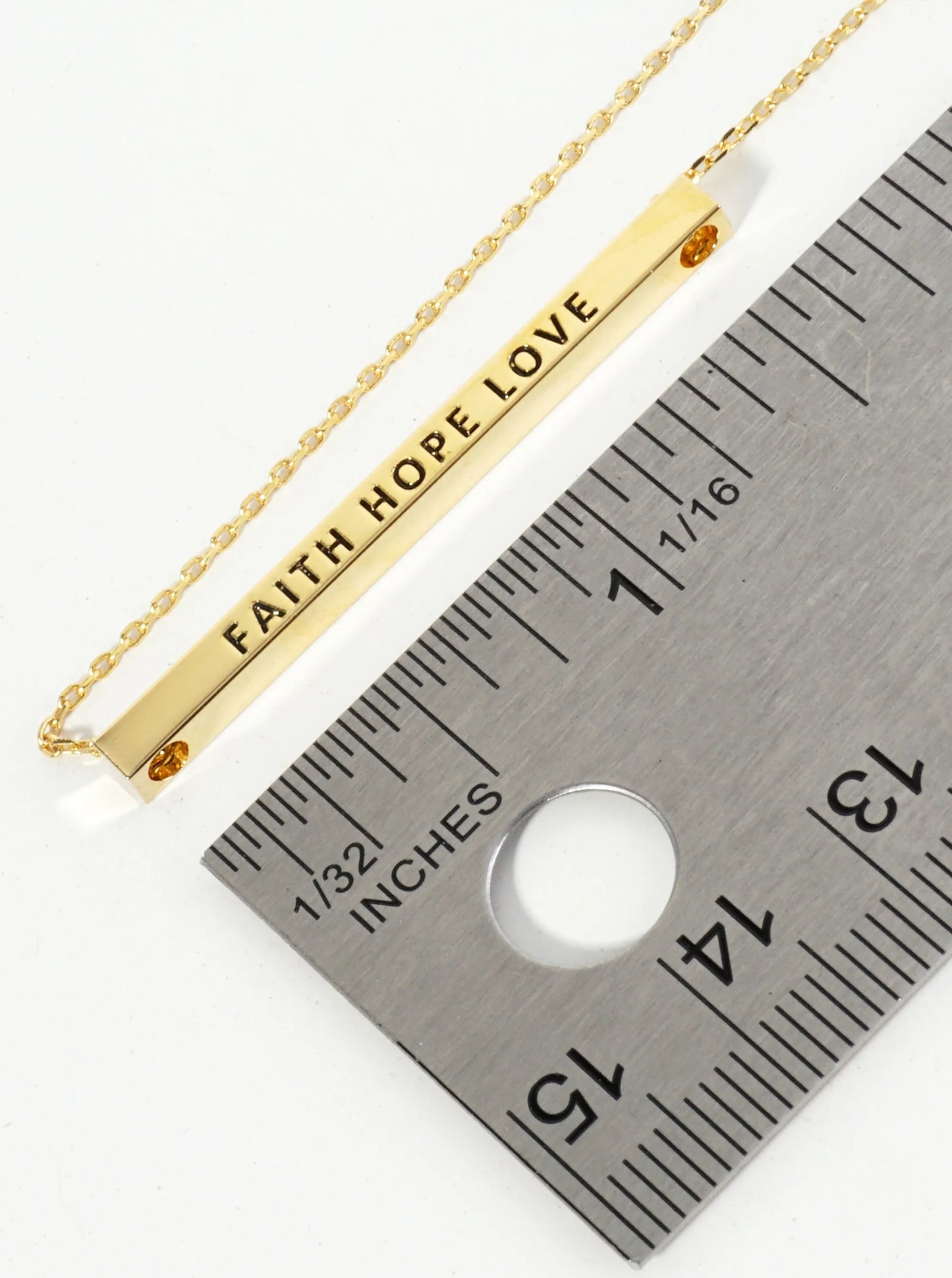Faith Hope Love Engraved 18K Gold Dipped Horizontal Brass Bar Pendant Inspirational Necklace