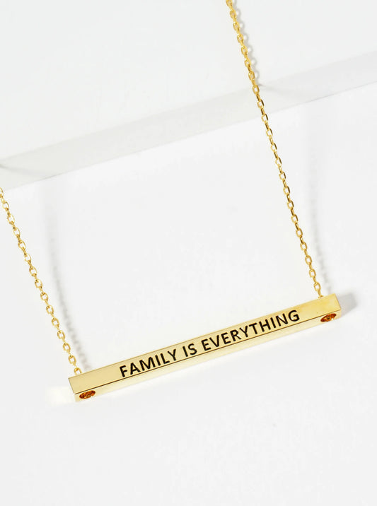 Family Is Everything Engraved 18K Gold Dipped Horizontal Brass Bar Pendant Inspirational Necklace