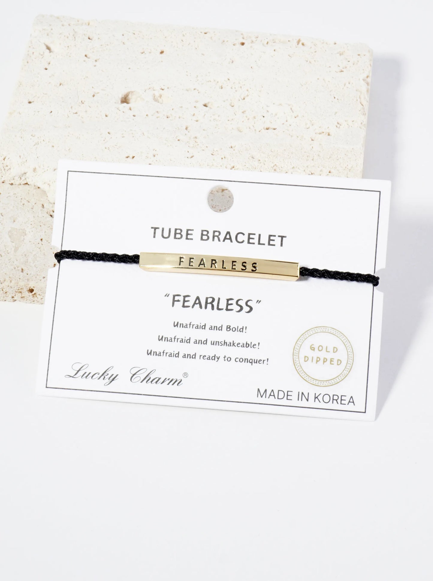 Fearless Engraved 18K Gold Dipped Curved Brass Tube Bar Adjustable Pull Tie Bracelet