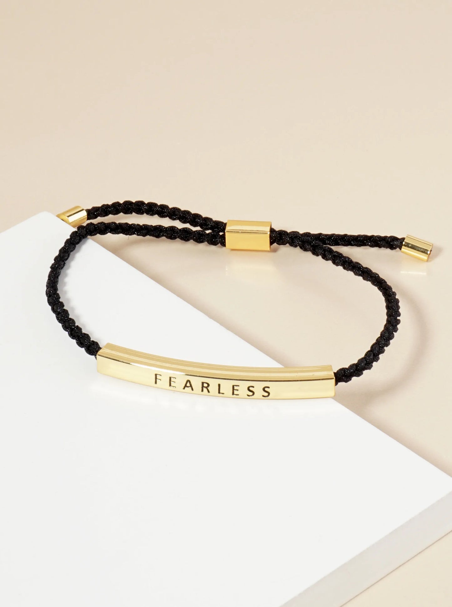 Fearless Engraved 18K Gold Dipped Curved Brass Tube Bar Adjustable Pull Tie Bracelet