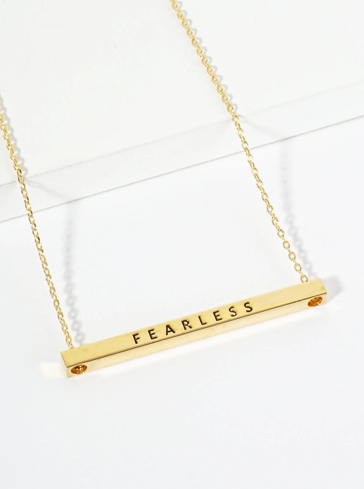 Fearless Engraved 18K Gold Dipped Horizontal Brass Bar Pendant Inspirational Necklace