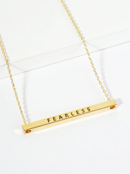 Fearless Engraved 18K Gold Dipped Horizontal Brass Bar Pendant Inspirational Necklace