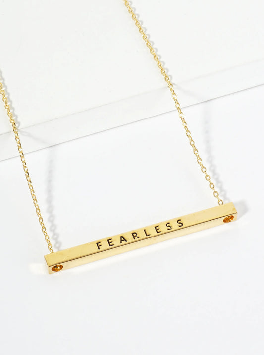 Fearless Engraved 18K Gold Dipped Horizontal Brass Bar Pendant Inspirational Necklace