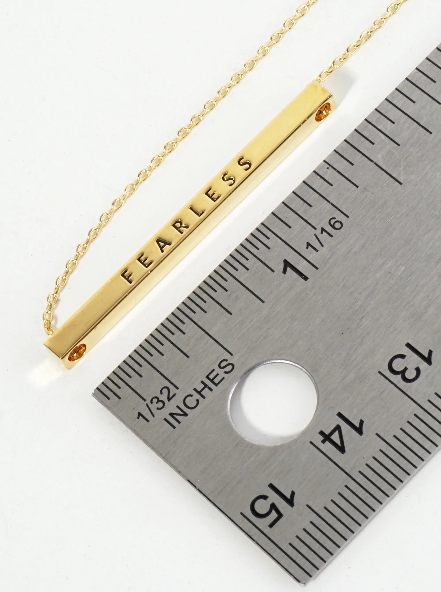 Fearless Engraved 18K Gold Dipped Horizontal Brass Bar Pendant Inspirational Necklace