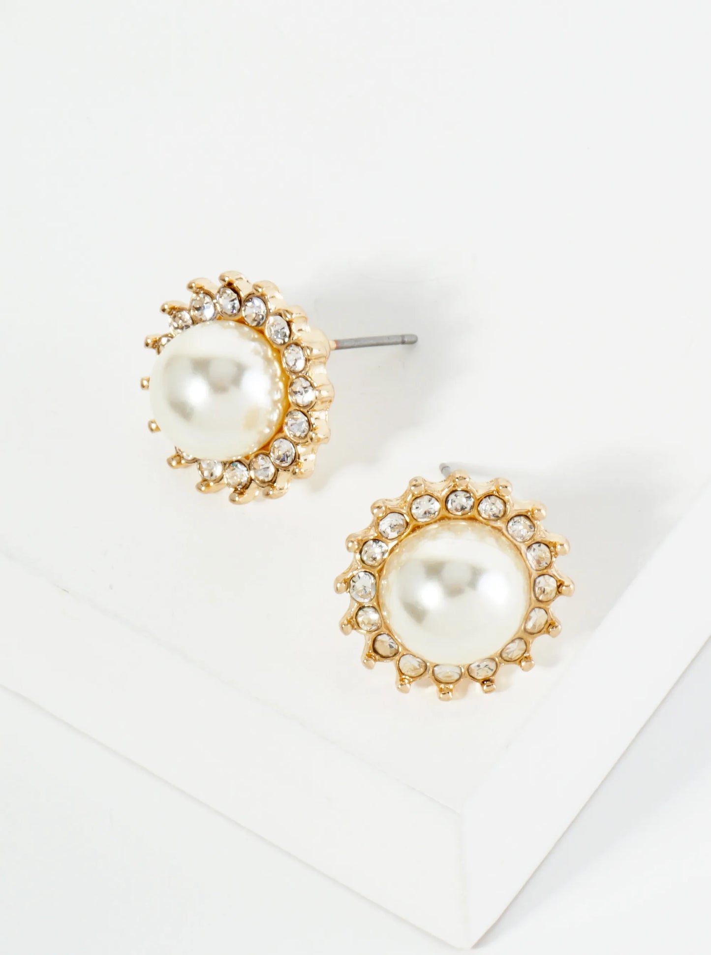 Flower Inspired Crystal Pave 9mm Pearl Stud Earrings