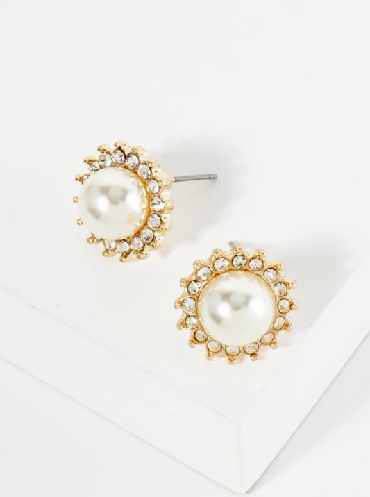 Flower Inspired Crystal Pave 9mm Pearl Stud Earrings