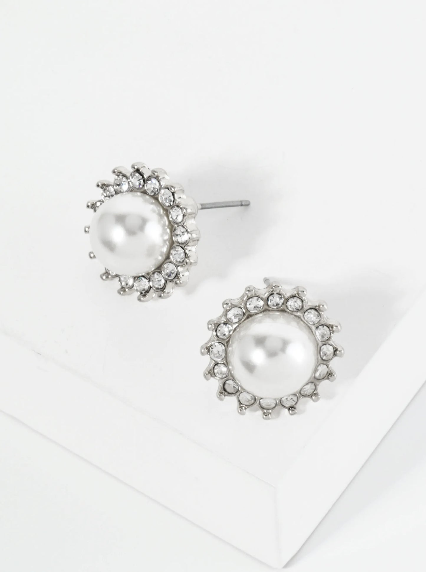 Flower Inspired Crystal Pave 9mm Pearl Stud Earrings