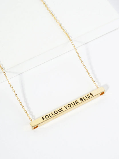 Follow Your Bliss Engraved 18K Gold Dipped Horizontal Brass Bar Pendant Inspirational Necklace