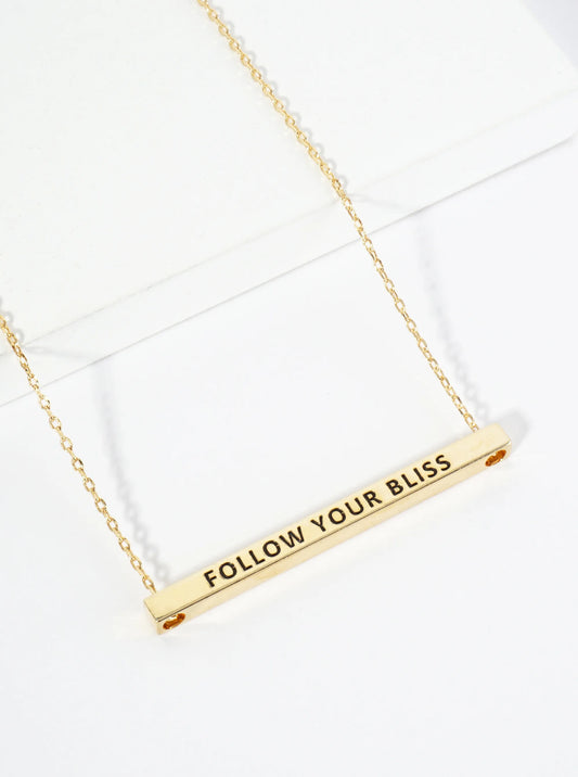 Follow Your Bliss Engraved 18K Gold Dipped Horizontal Brass Bar Pendant Inspirational Necklace