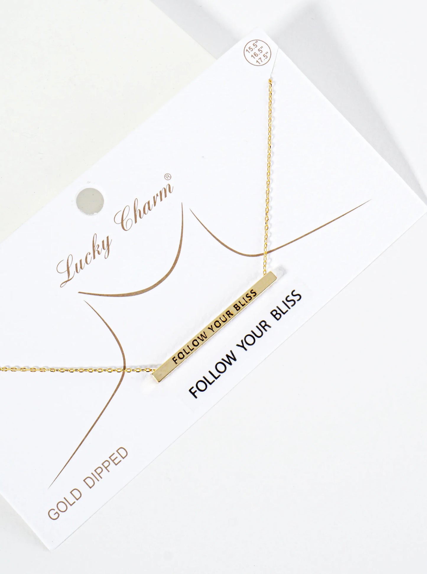 Follow Your Bliss Engraved 18K Gold Dipped Horizontal Brass Bar Pendant Inspirational Necklace