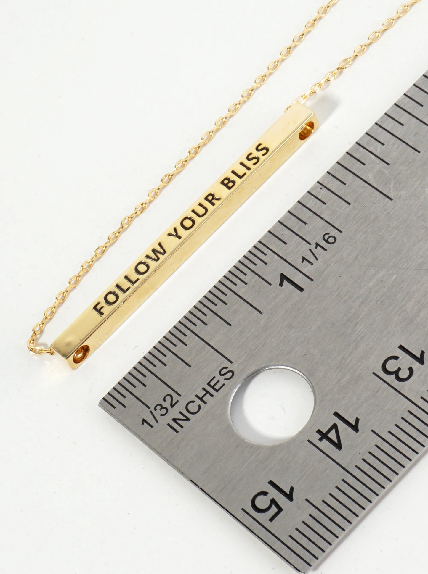 Follow Your Bliss Engraved 18K Gold Dipped Horizontal Brass Bar Pendant Inspirational Necklace