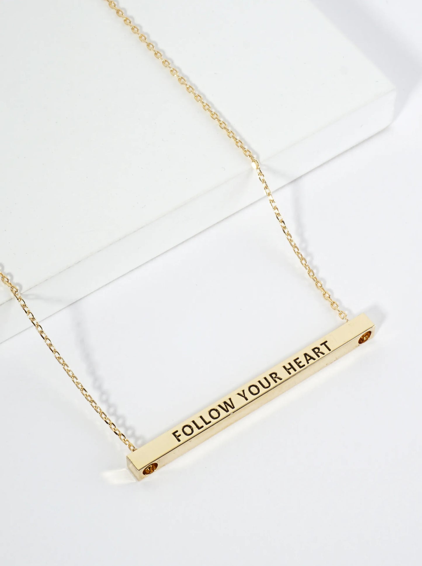 Follow Your Heart Engraved 18K Gold Dipped Horizontal Brass Bar Pendant Inspirational Necklace