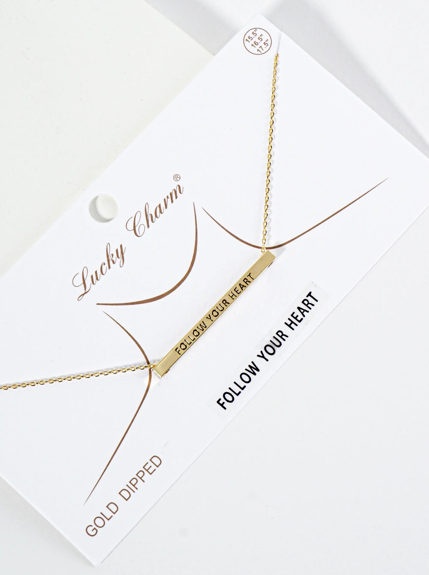 Follow Your Heart Engraved 18K Gold Dipped Horizontal Brass Bar Pendant Inspirational Necklace