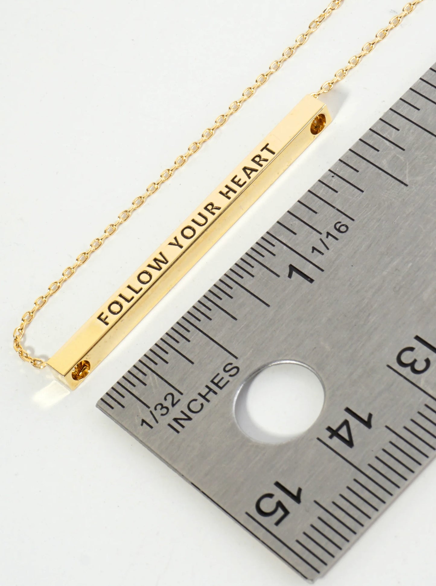 Follow Your Heart Engraved 18K Gold Dipped Horizontal Brass Bar Pendant Inspirational Necklace