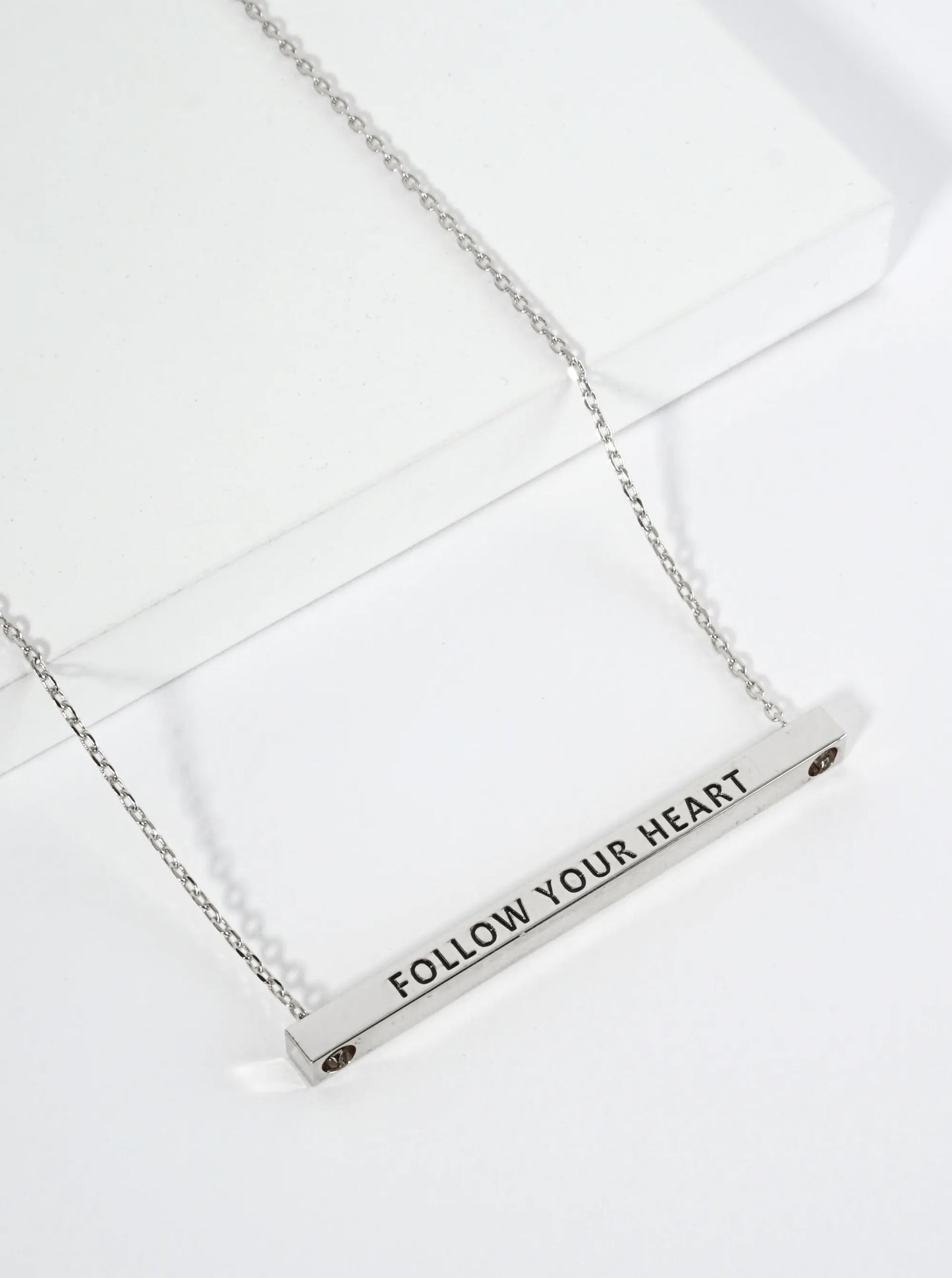 Follow Your Heart Engraved 18K Gold Dipped Horizontal Brass Bar Pendant Inspirational Necklace