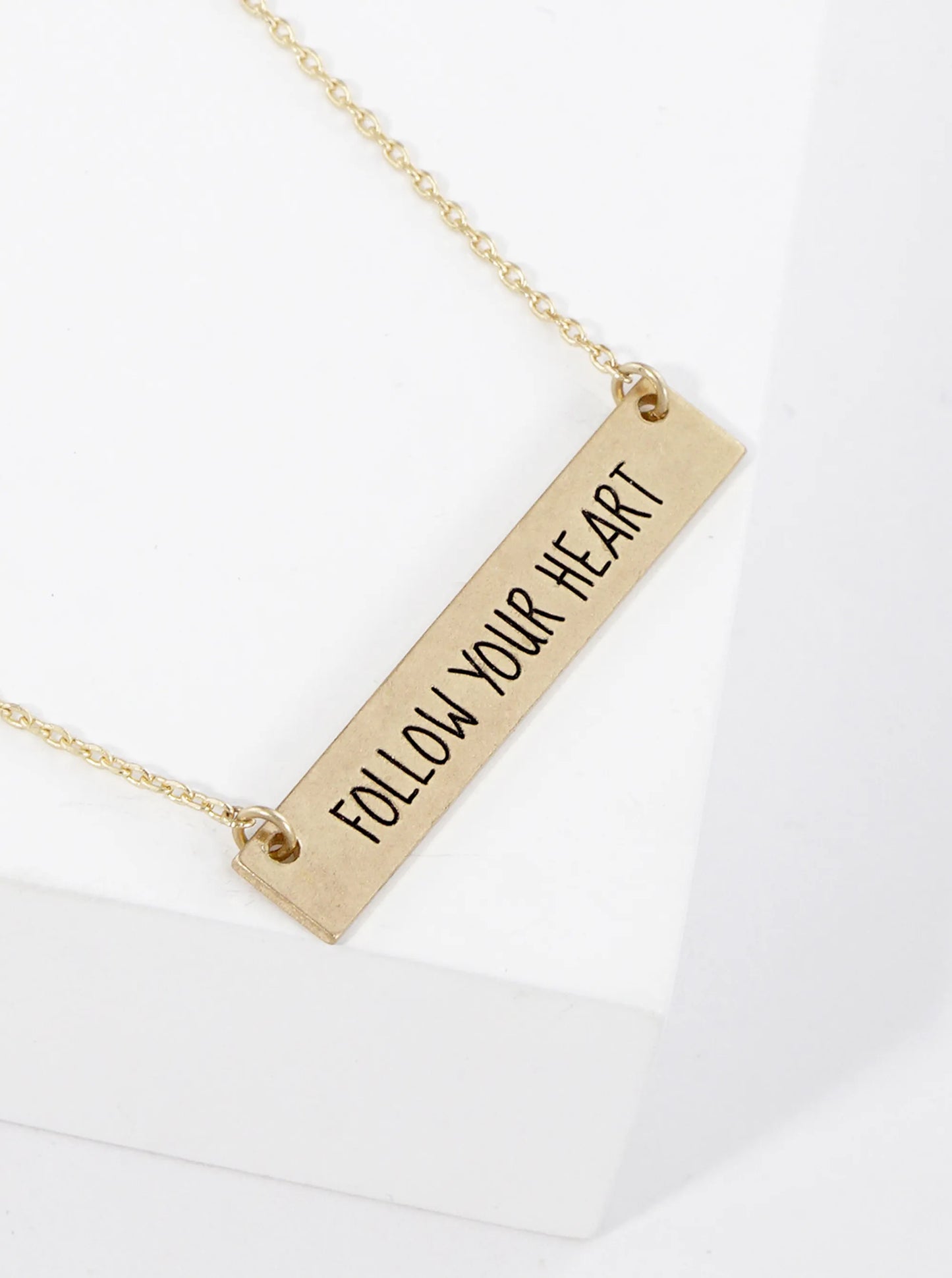 Follow Your Heart Engraved Horizontal Bar Pendant Necklace