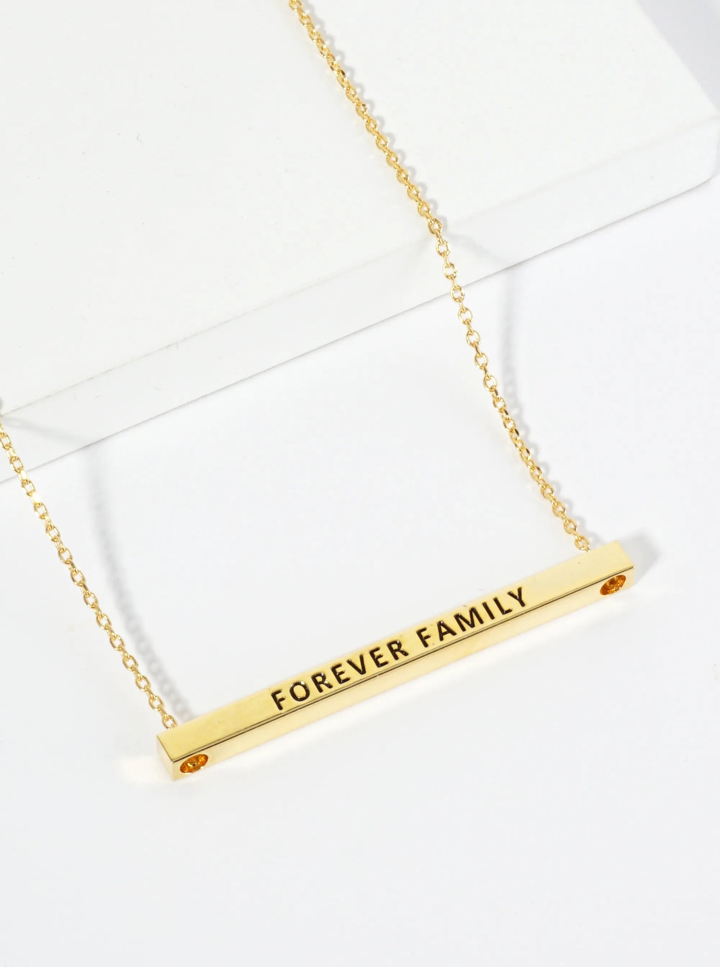 Forever Family Engraved 18K Gold Dipped Horizontal Brass Bar Pendant Inspirational Necklace