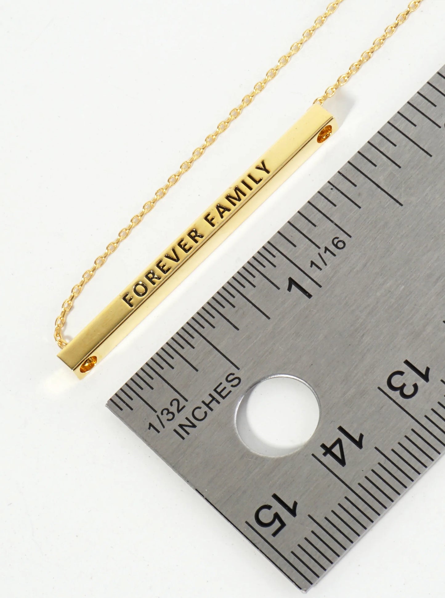 Forever Family Engraved 18K Gold Dipped Horizontal Brass Bar Pendant Inspirational Necklace