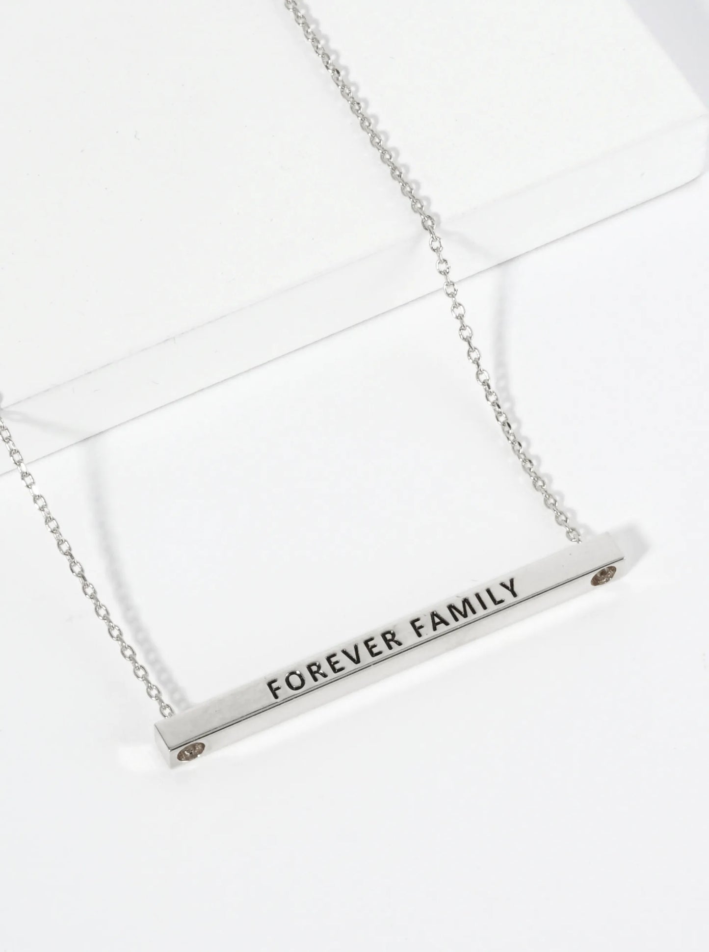 Forever Family Engraved 18K Gold Dipped Horizontal Brass Bar Pendant Inspirational Necklace