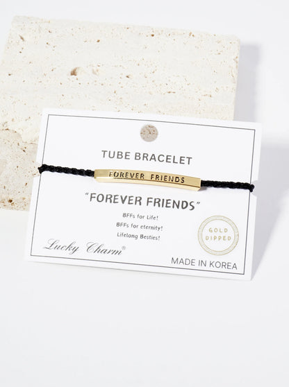 Forever Friends Engraved 18K Gold Dipped Curved Brass Tube Bar Adjustable Pull Tie Bracelet