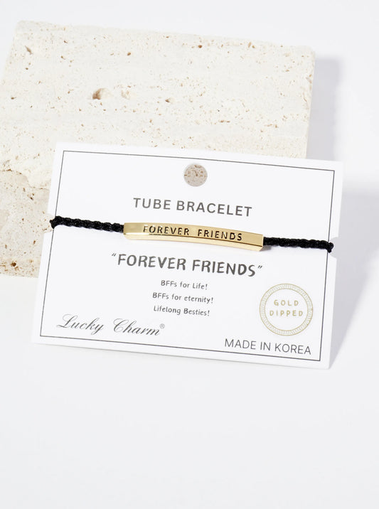 Forever Friends Engraved 18K Gold Dipped Curved Brass Tube Bar Adjustable Pull Tie Bracelet