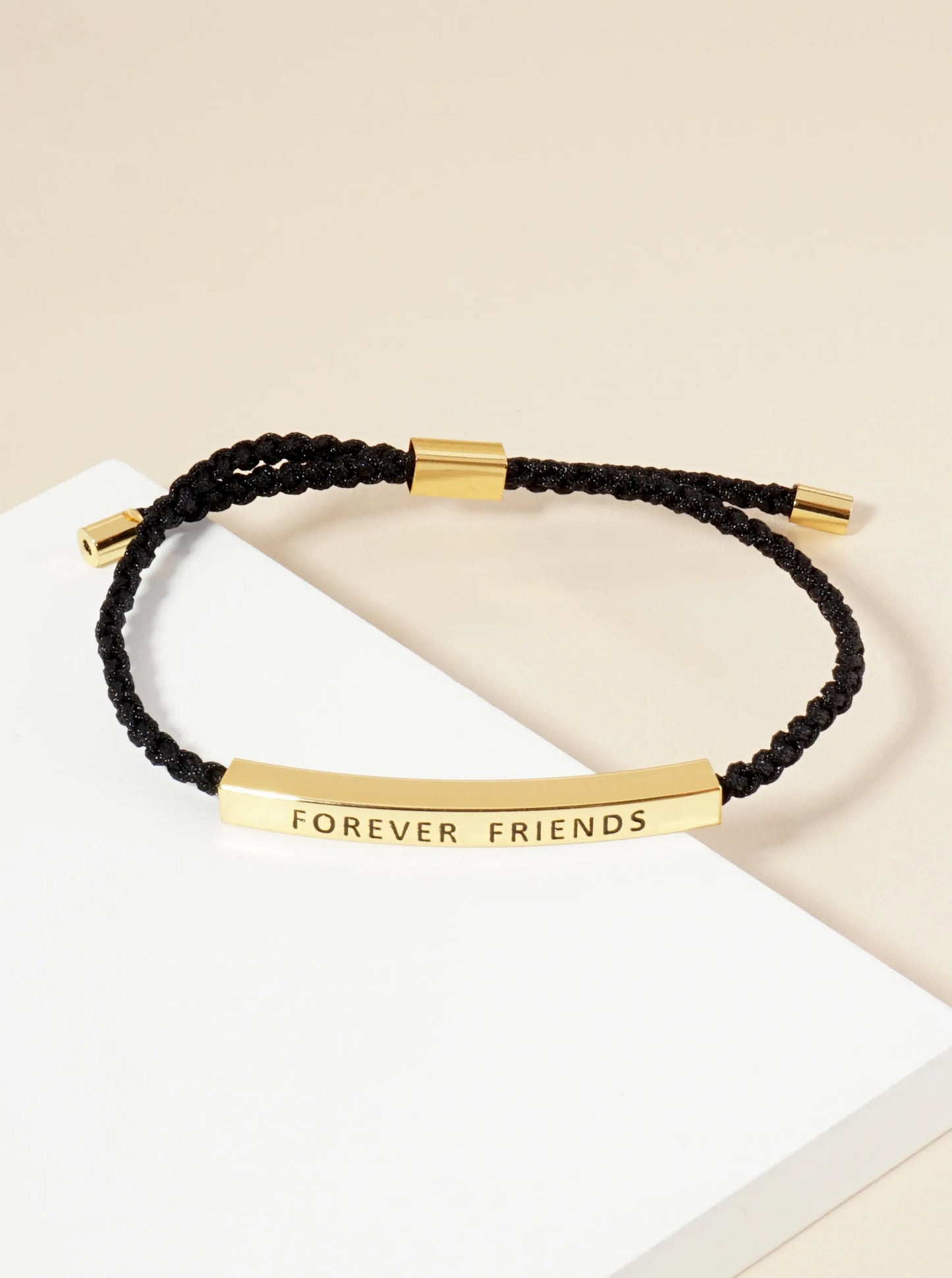Forever Friends Engraved 18K Gold Dipped Curved Brass Tube Bar Adjustable Pull Tie Bracelet