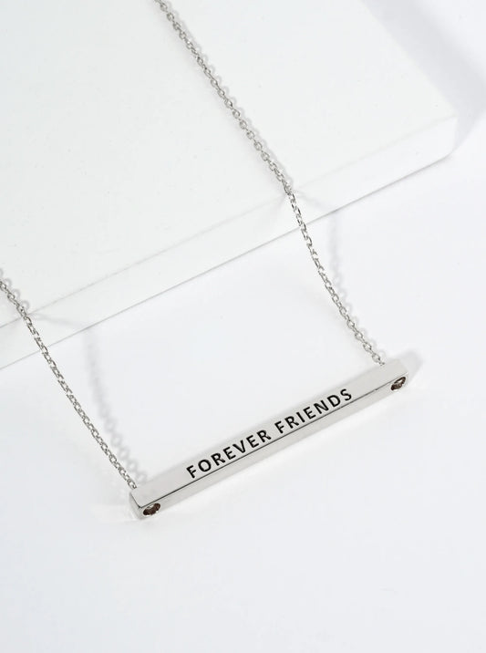 Forever Friends Engraved 18K Gold Dipped Horizontal Brass Bar Pendant Inspirational Necklace