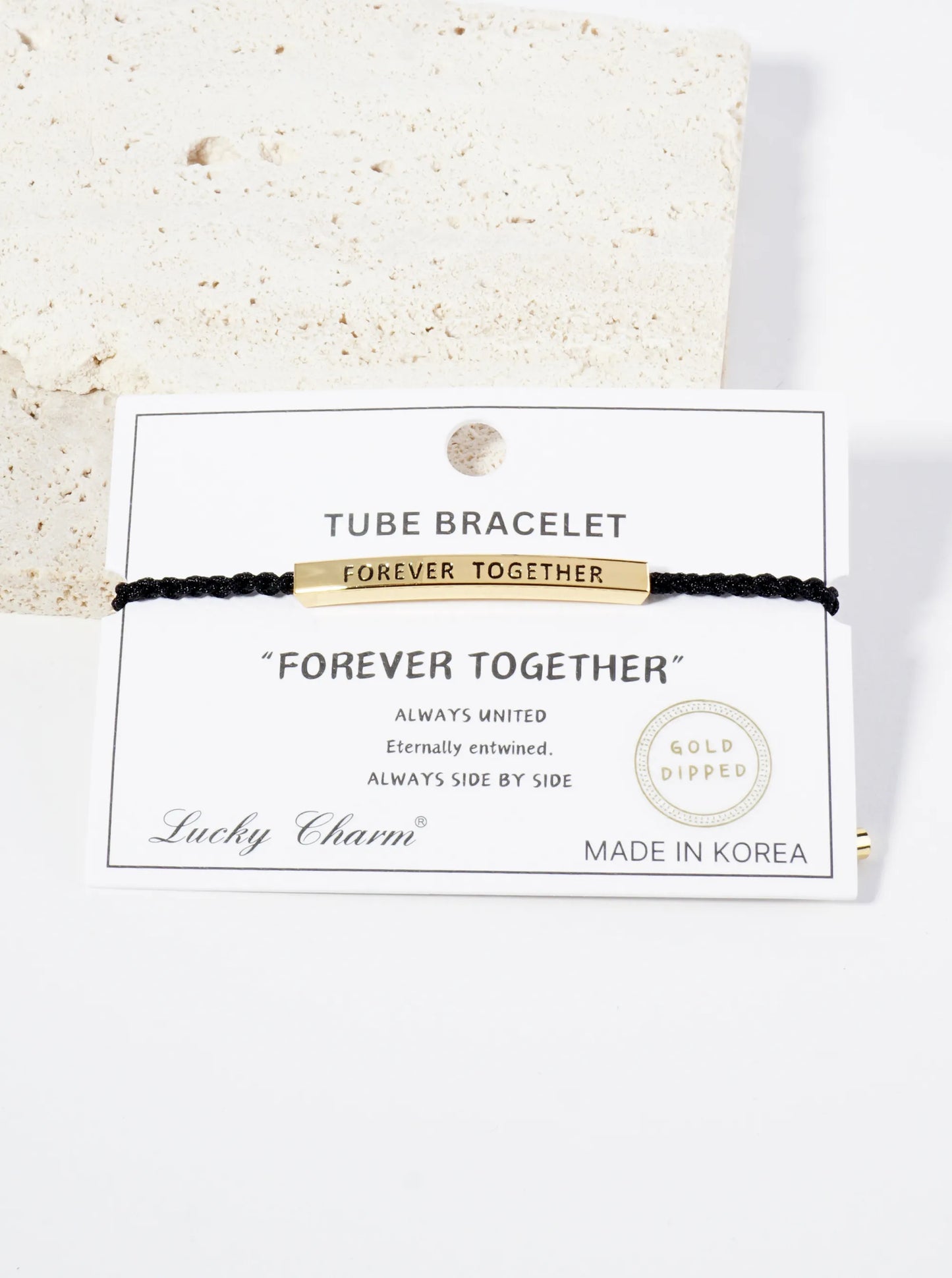 Forever Together Engraved 18K Gold Dipped Curved Brass Tube Bar Adjustable Pull Tie Bracelet