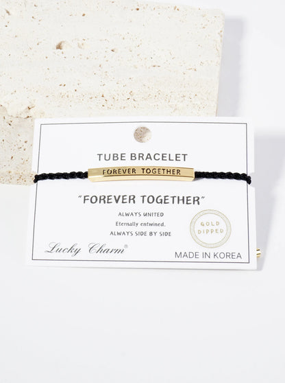 Forever Together Engraved 18K Gold Dipped Curved Brass Tube Bar Adjustable Pull Tie Bracelet
