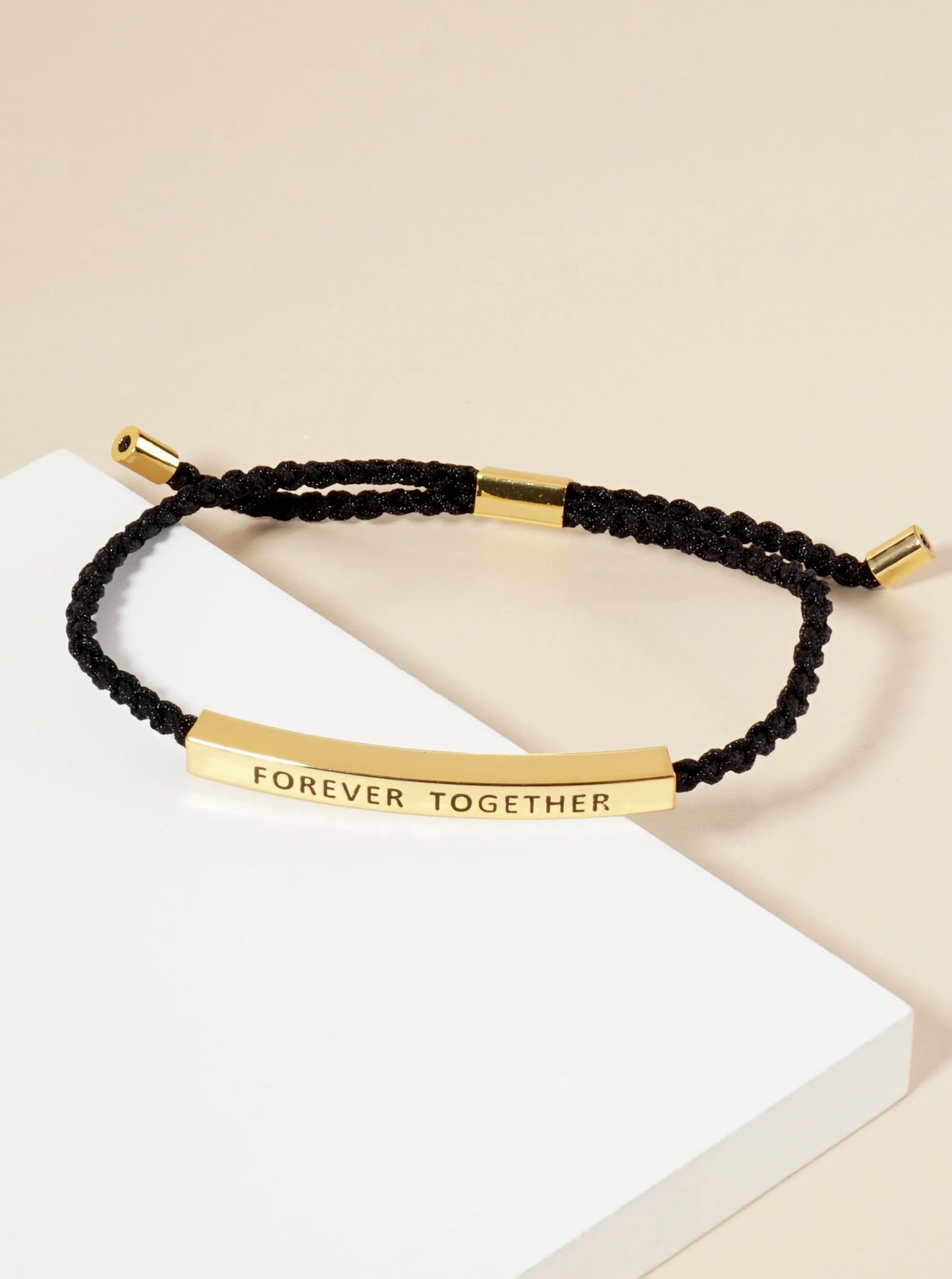 Forever Together Engraved 18K Gold Dipped Curved Brass Tube Bar Adjustable Pull Tie Bracelet