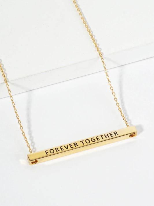 Forever Together Engraved 18K Gold Dipped Horizontal Brass Bar Pendant Inspirational Necklace