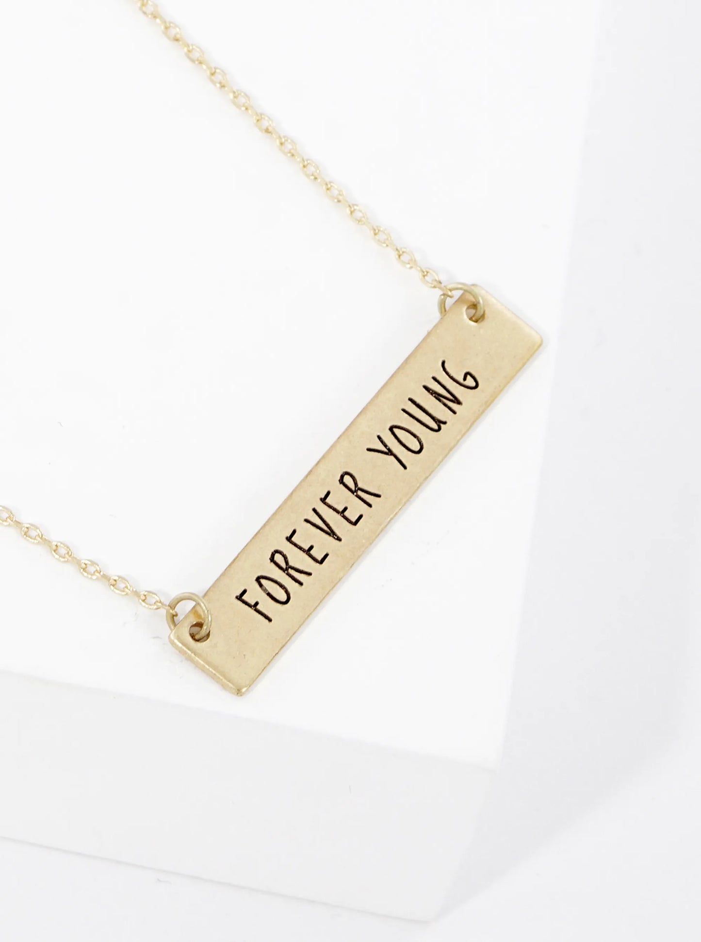 Forever Young Engraved Horizontal Bar Pendant Necklace