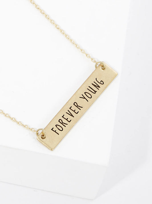Forever Young Engraved Horizontal Bar Pendant Necklace