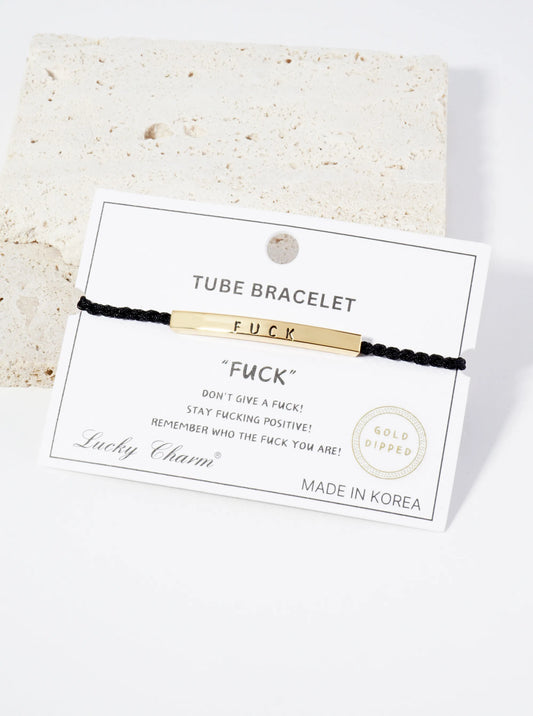 Fuck Engraved 18K Gold Dipped Curved Brass Tube Bar Adjustable Pull Tie Bracelet