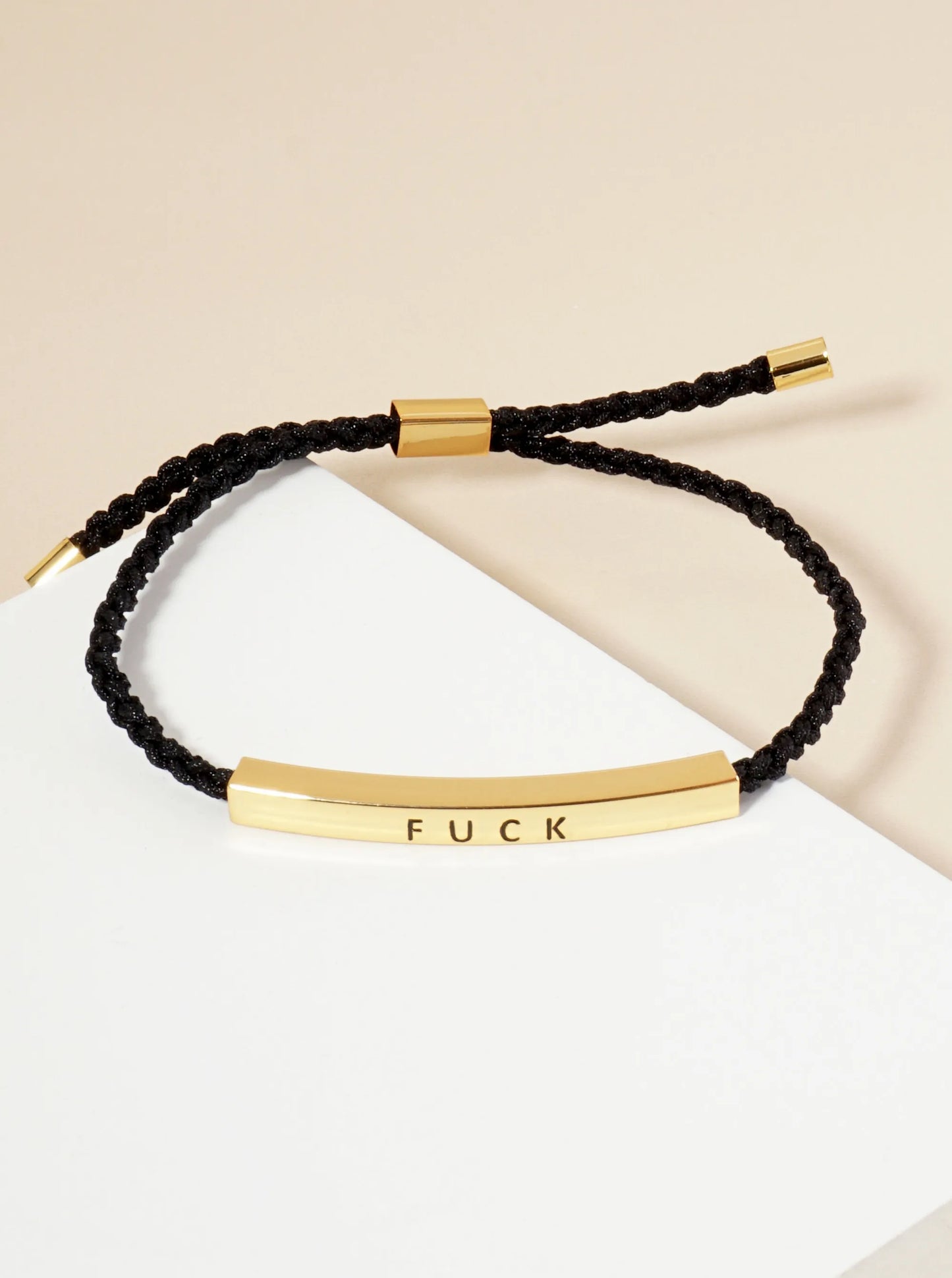 Fuck Engraved 18K Gold Dipped Curved Brass Tube Bar Adjustable Pull Tie Bracelet