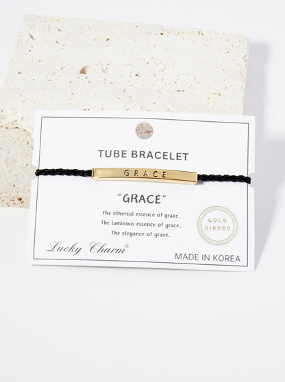 Grace Engraved 18K Gold Dipped Curved Brass Tube Bar Adjustable Pull Tie Bracelet