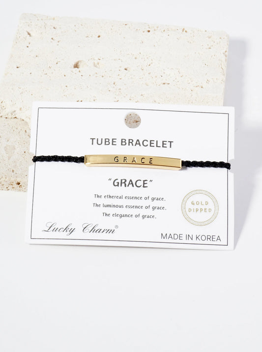 Grace Engraved 18K Gold Dipped Curved Brass Tube Bar Adjustable Pull Tie Bracelet