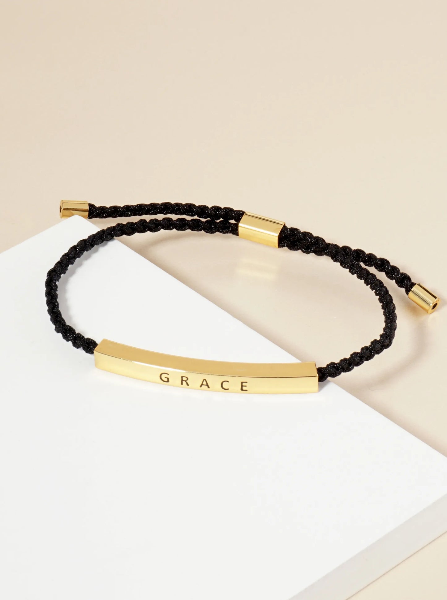 Grace Engraved 18K Gold Dipped Curved Brass Tube Bar Adjustable Pull Tie Bracelet
