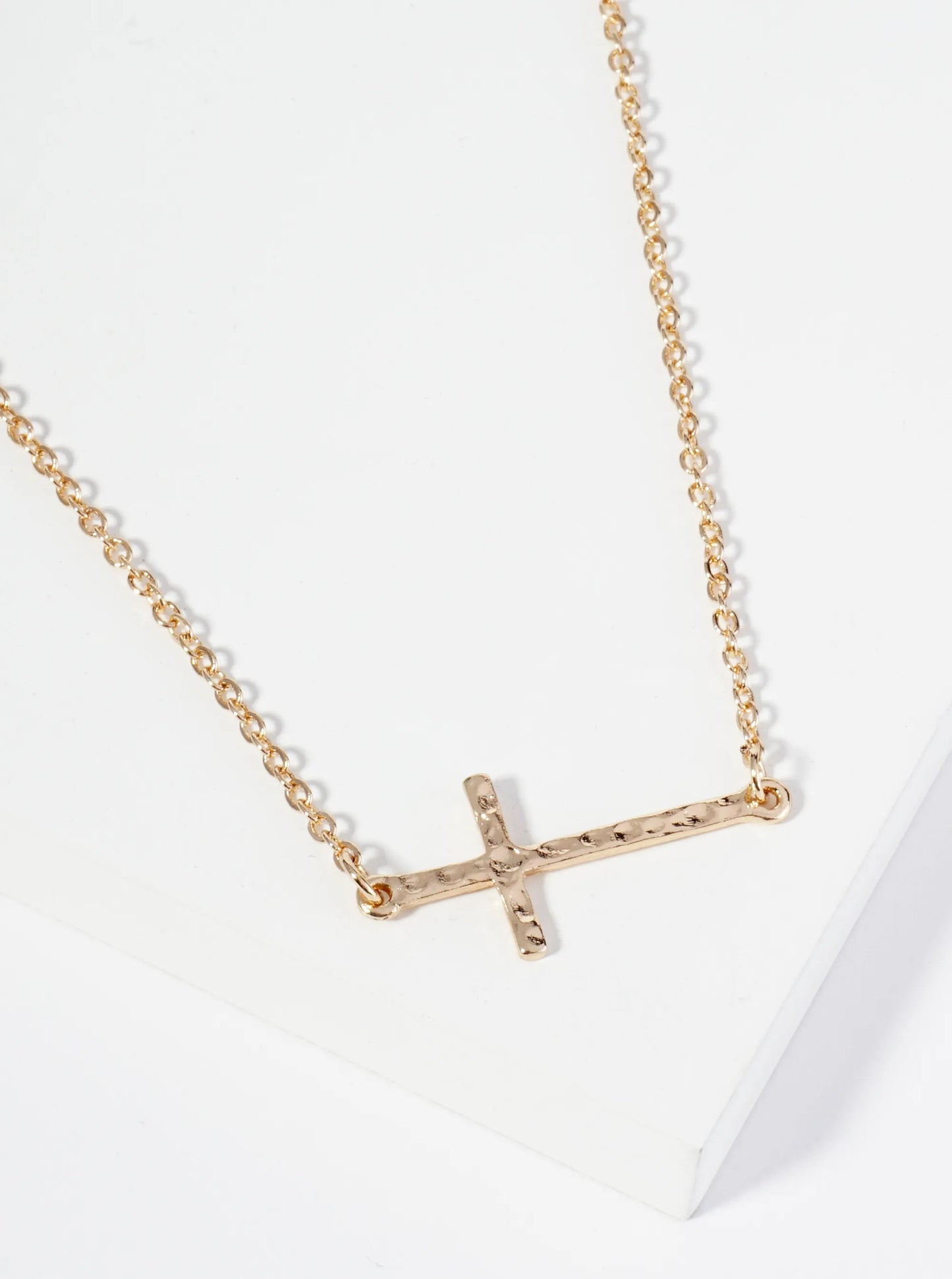 Hammered Metal 1 Inch Sideways Cross Pendant Necklace