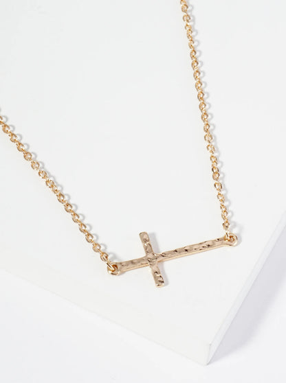 Hammered Metal 1 Inch Sideways Cross Pendant Necklace
